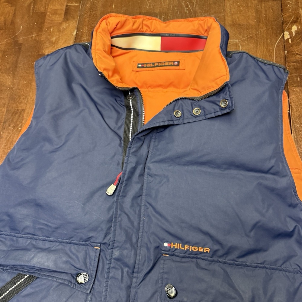 Vtg Tommy Hilfiger Vest Mens XL Navy Orange Reversible Down Puffer Colorblock - Picture 9 of 11